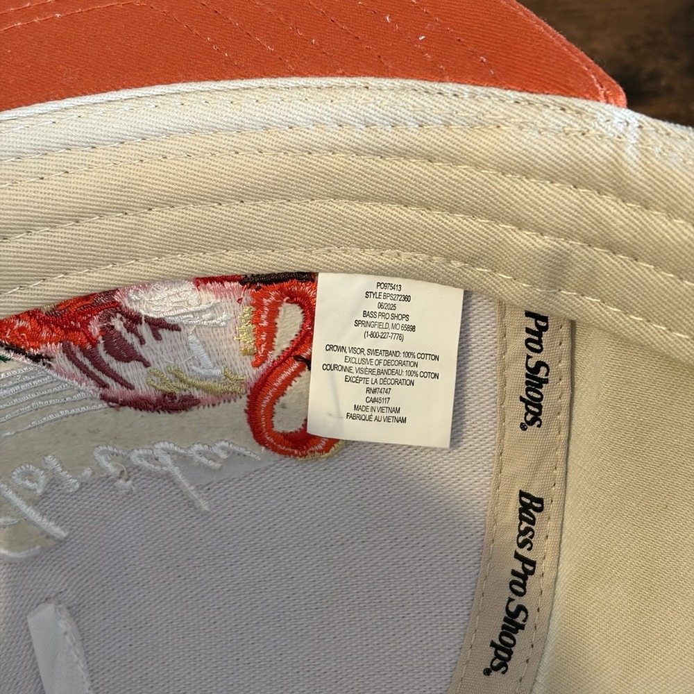 Bass Pro Shops Florida Flamingo Flat Bill Hat SnapBack White and Orange - Picture 9 of 10